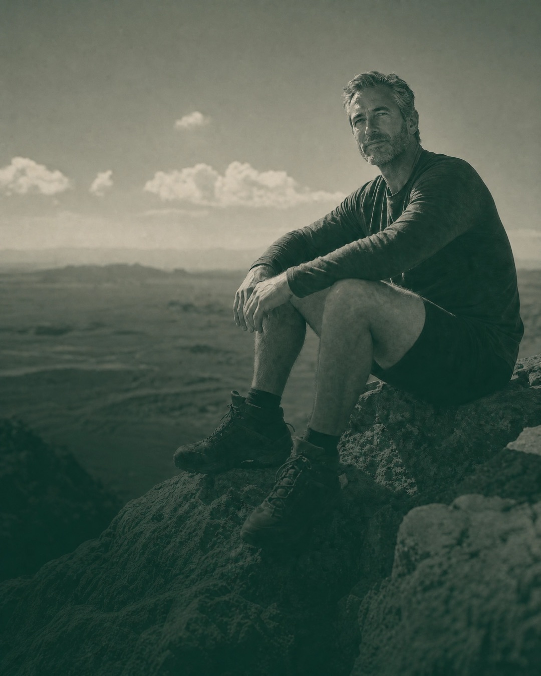 Adult man resting on a rock after a hike