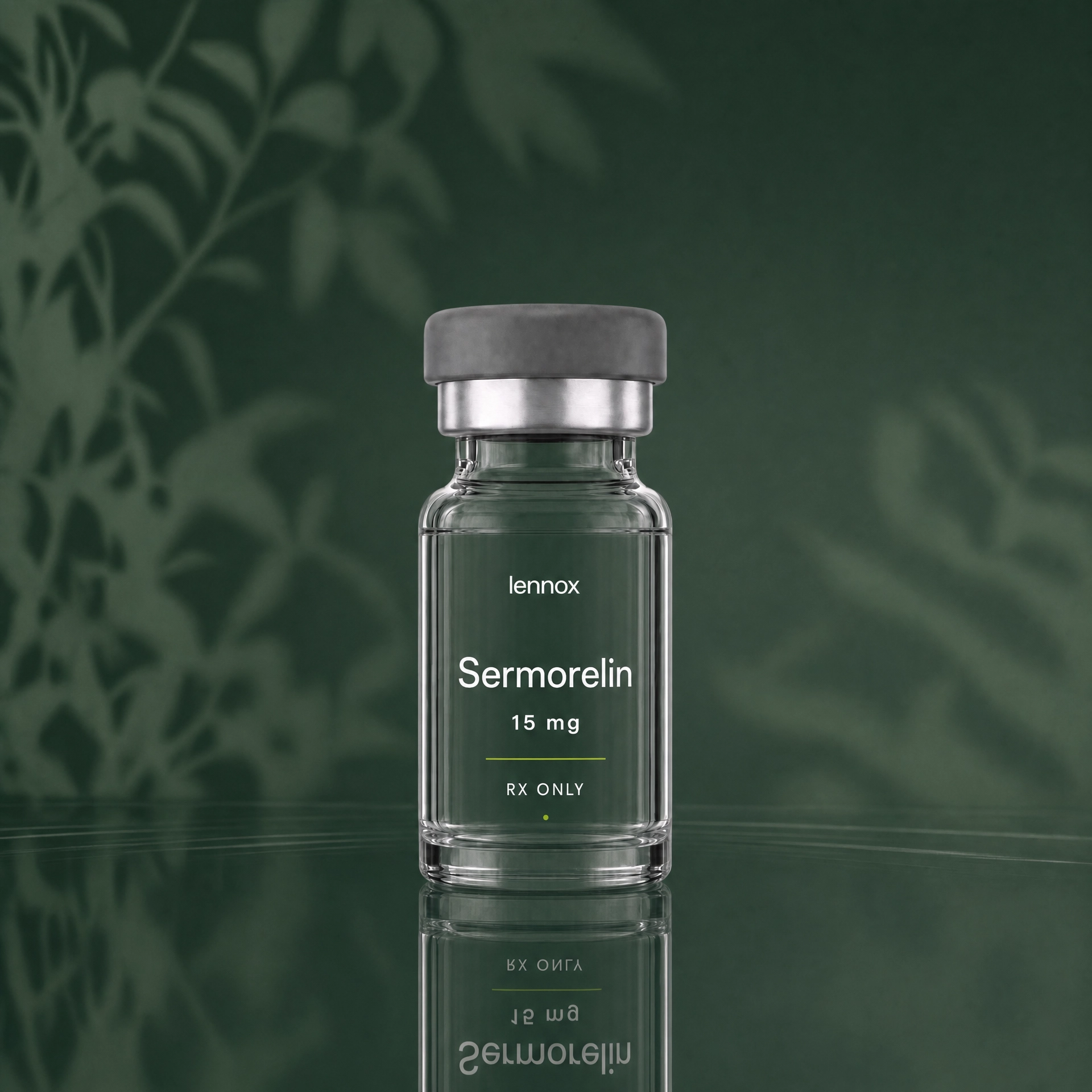 Lennox Sermorelin 15 mg prescription vial on a deep green botanical background
