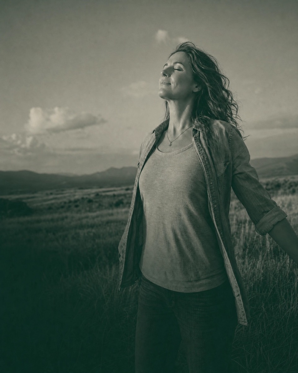 Adult woman outdoors taking a restorative breath